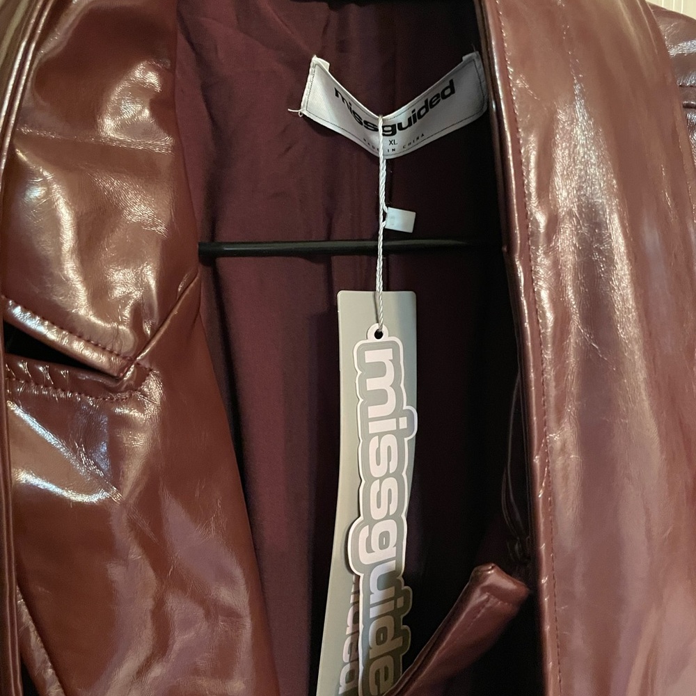Missguided Brown Leather Jacket with Glossy Finish and Light Zipper